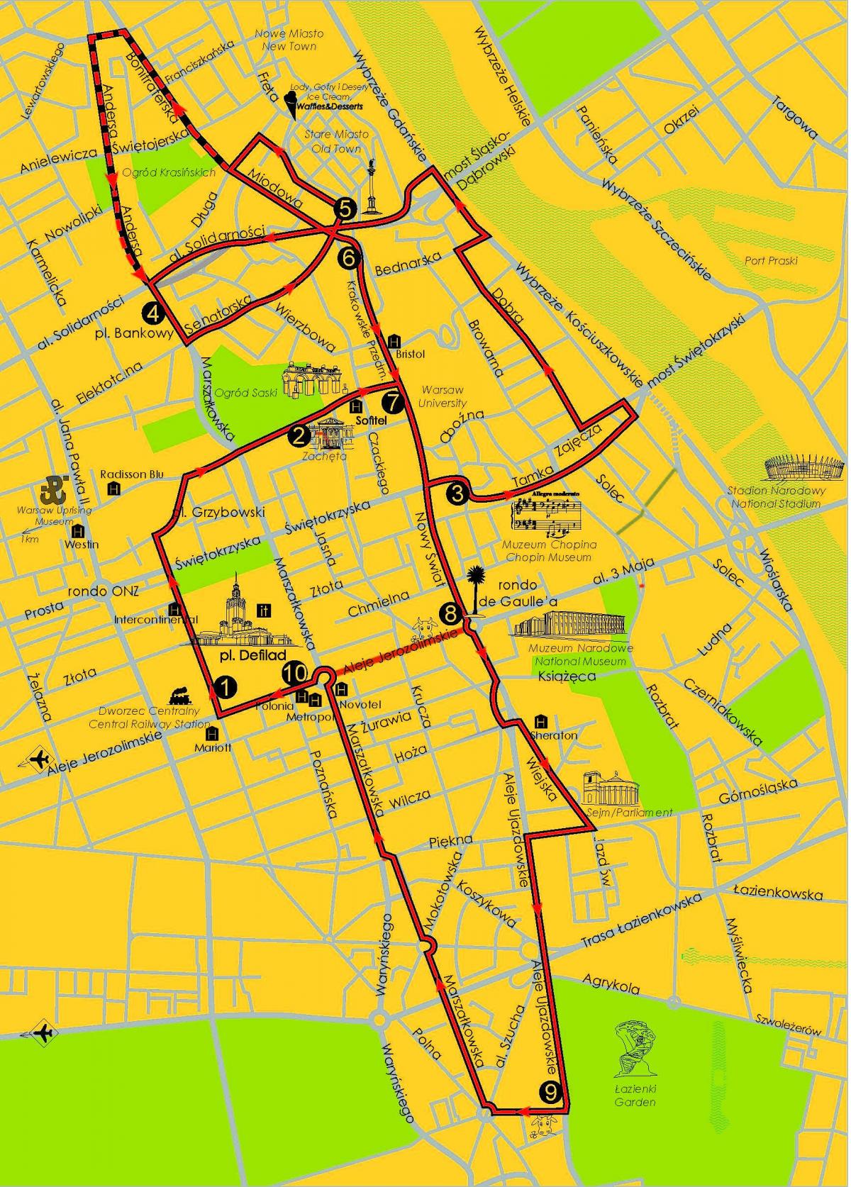 Mapa Warszawy autokarem 